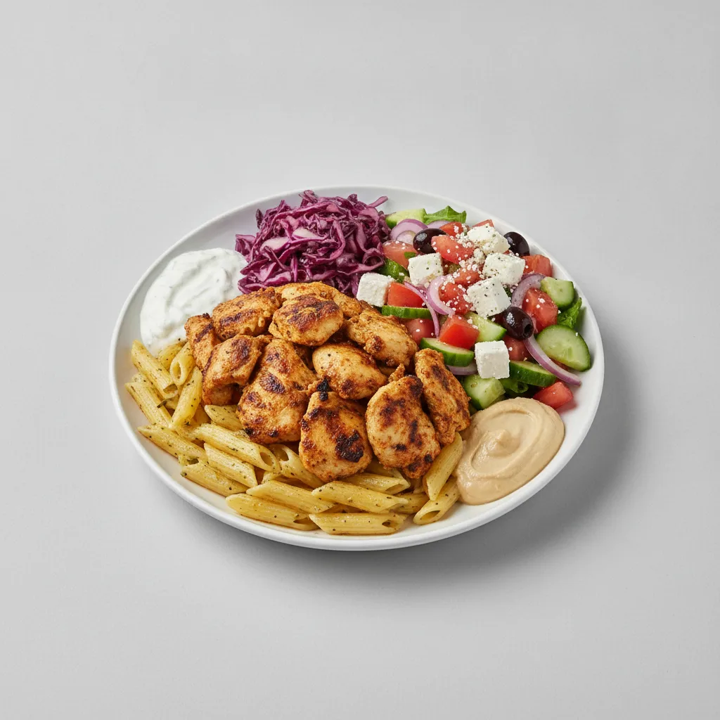 Basil Butter Pasta, Shawarma Chicken with Seasoned Cabbage and Greek Salad