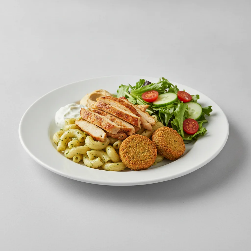 Basil Butter Pasta, Shawarma Chicken with Falafel and Garden Salad