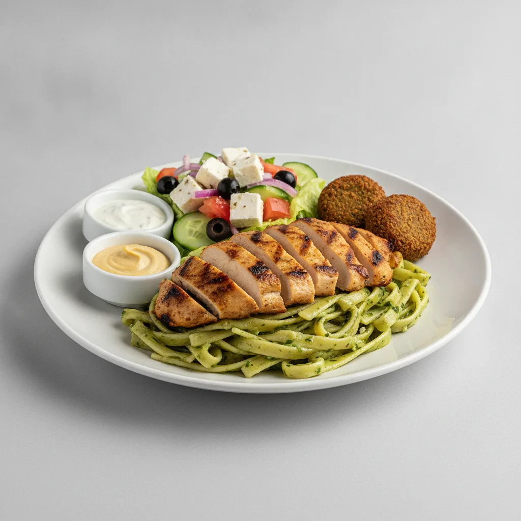 Basil Butter Pasta, Shawarma Chicken with Falafel and Greek Salad