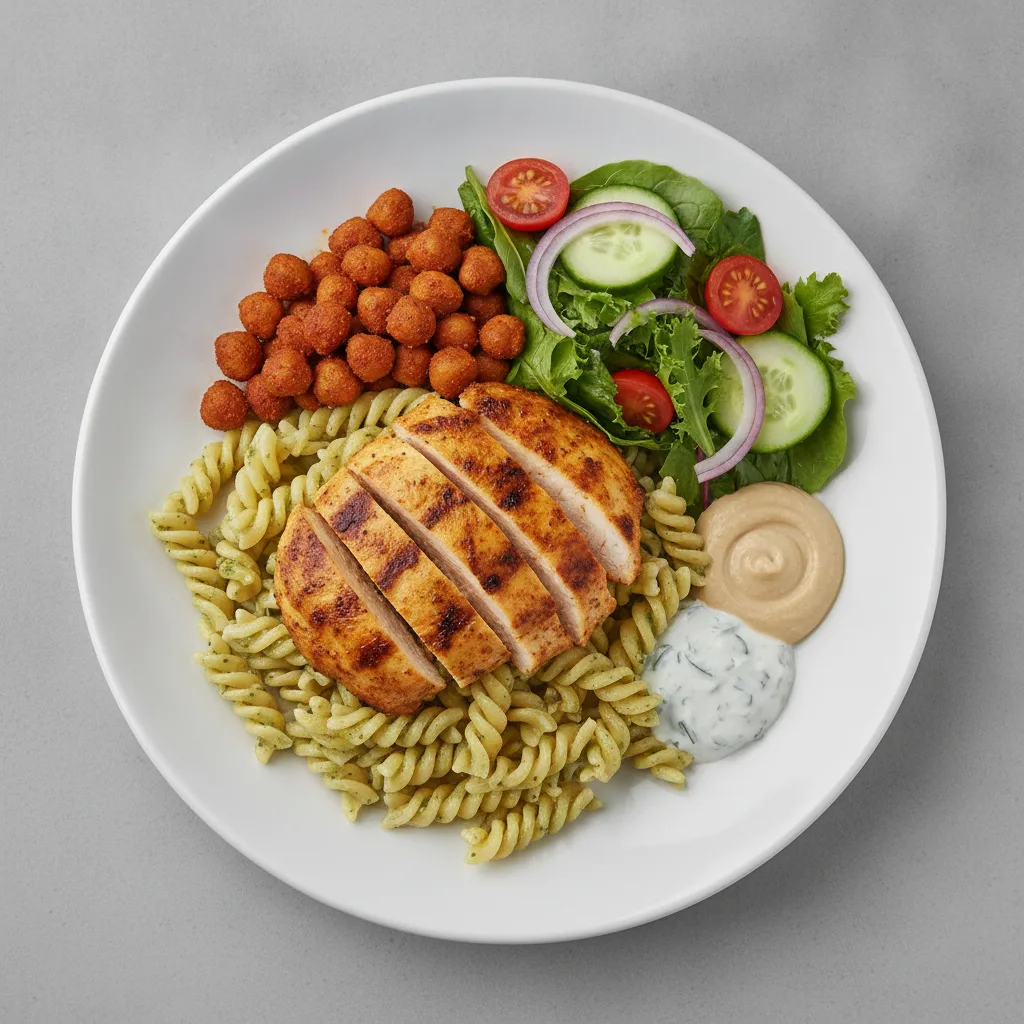 Basil Butter Pasta, Shawarma Chicken with Masala Chickpeas and Garden Salad