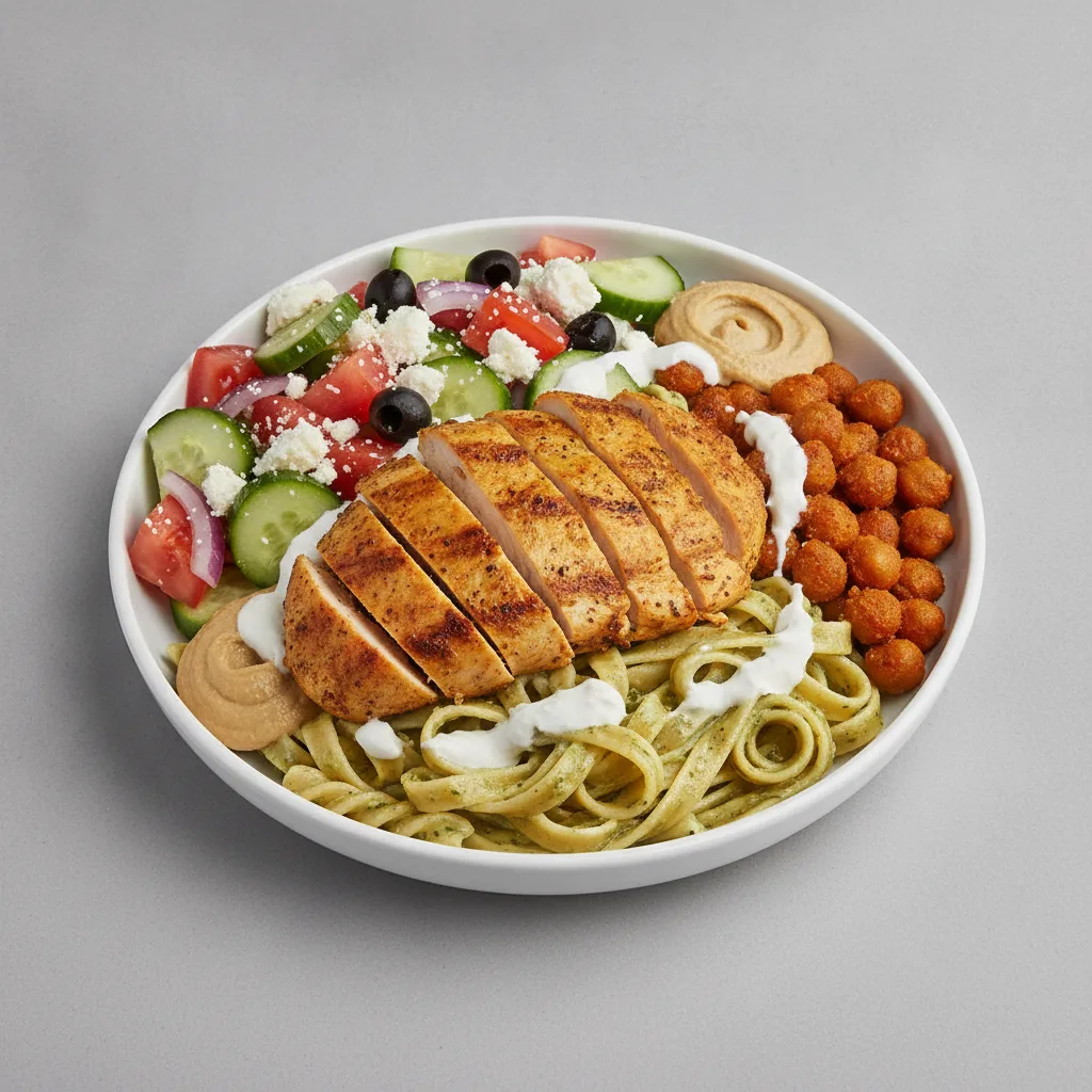 Basil Butter Pasta, Shawarma Chicken with Masala Chickpeas and Greek Salad