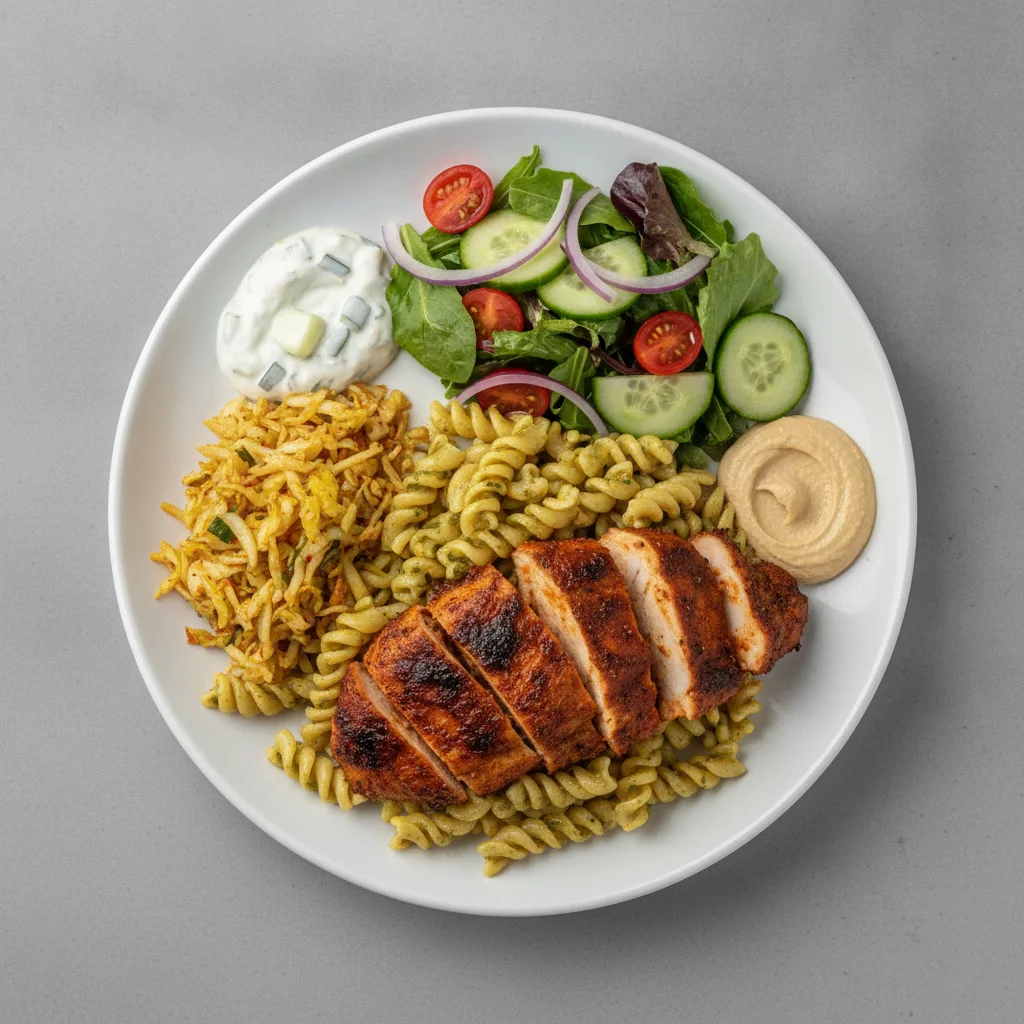 Basil Butter Pasta, Jerk Chicken with Seasoned Cabbage and Garden Salad