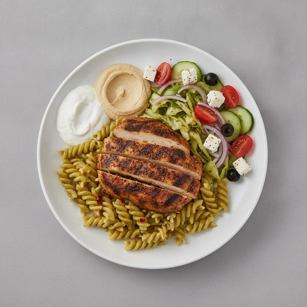 Basil Butter Pasta, Jerk Chicken with Seasoned Cabbage and Greek Salad