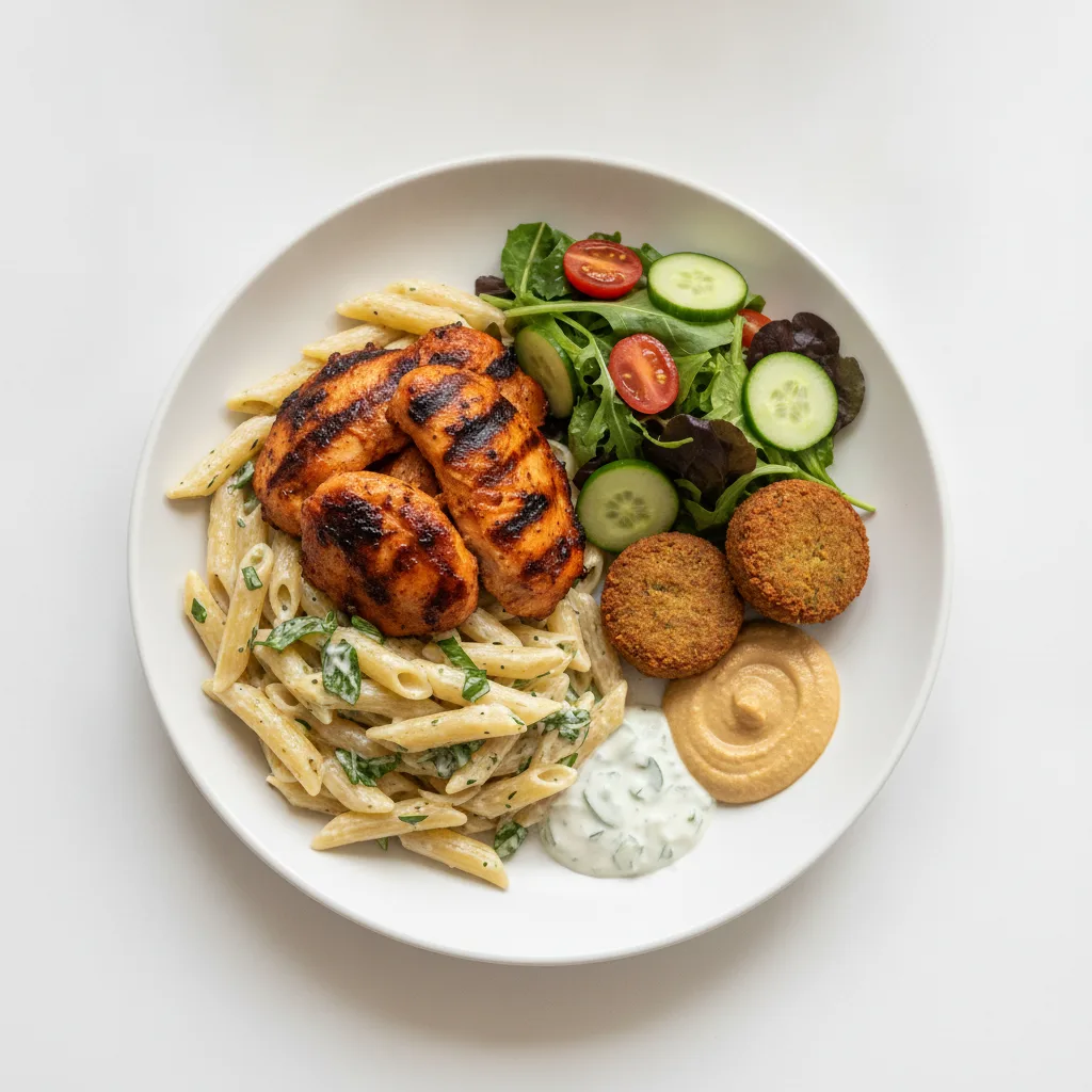 Basil Butter Pasta, Jerk Chicken with Falafel and Garden Salad