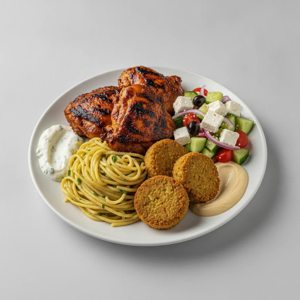 Basil Butter Pasta, Jerk Chicken with Falafel and Greek Salad
