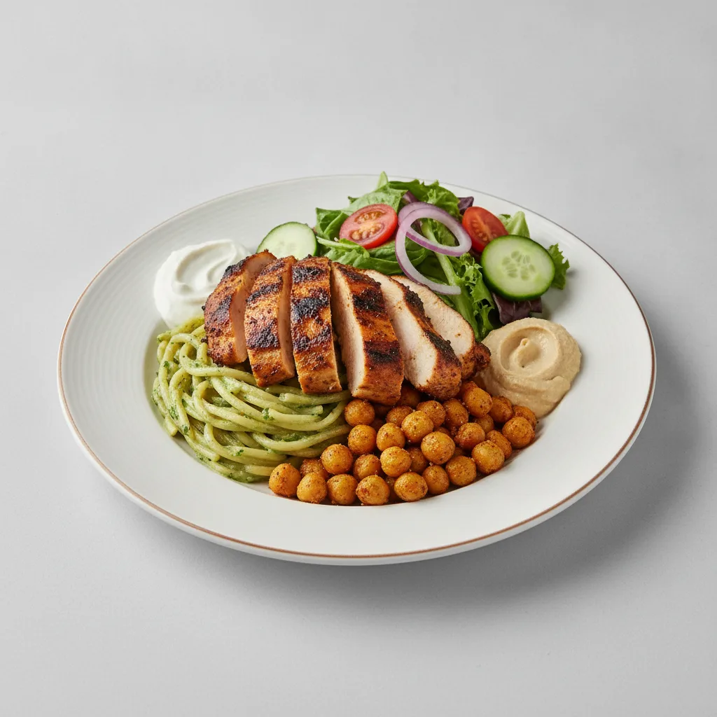 Basil Butter Pasta, Jerk Chicken with Masala Chickpeas and Garden Salad