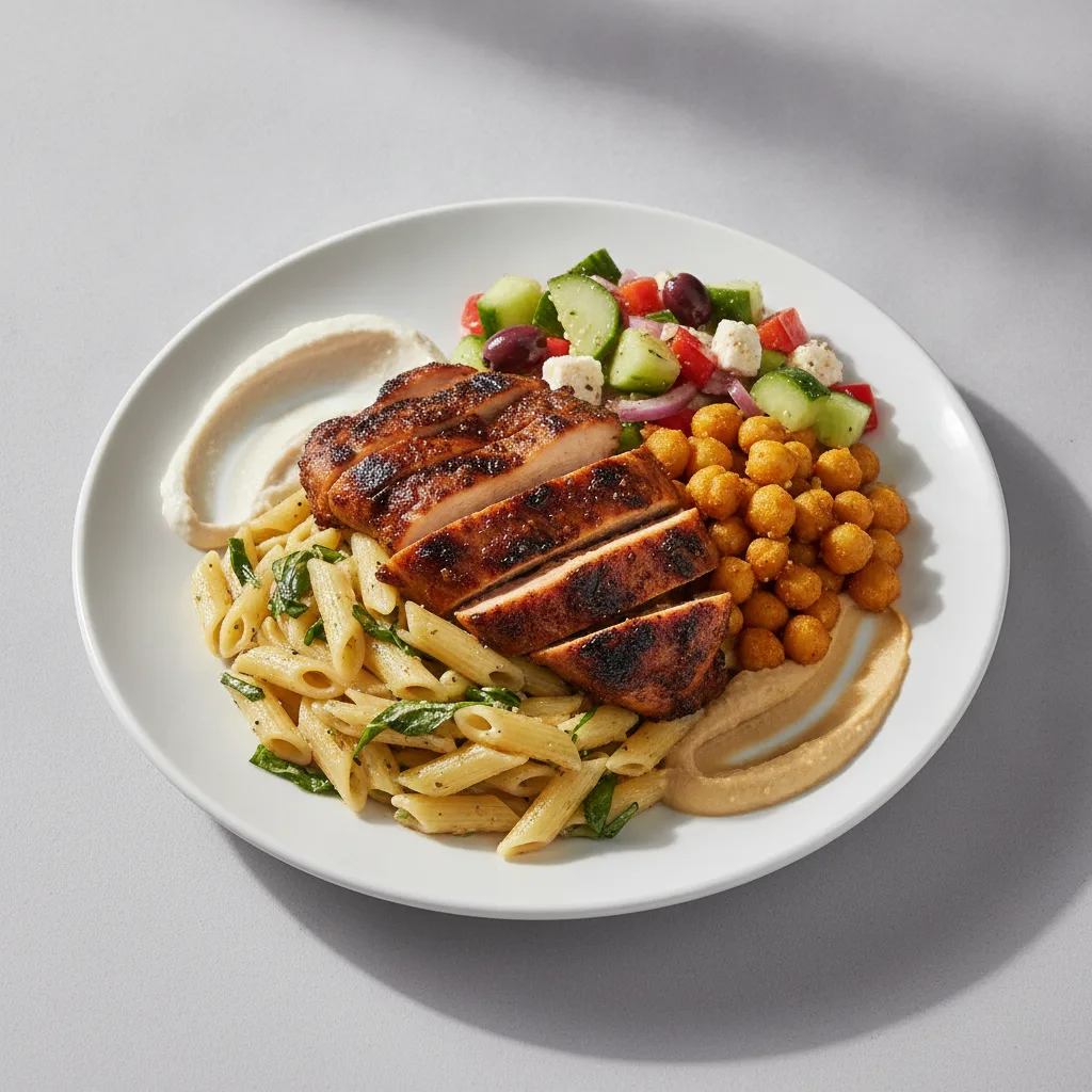 Basil Butter Pasta, Jerk Chicken with Masala Chickpeas and Greek Salad