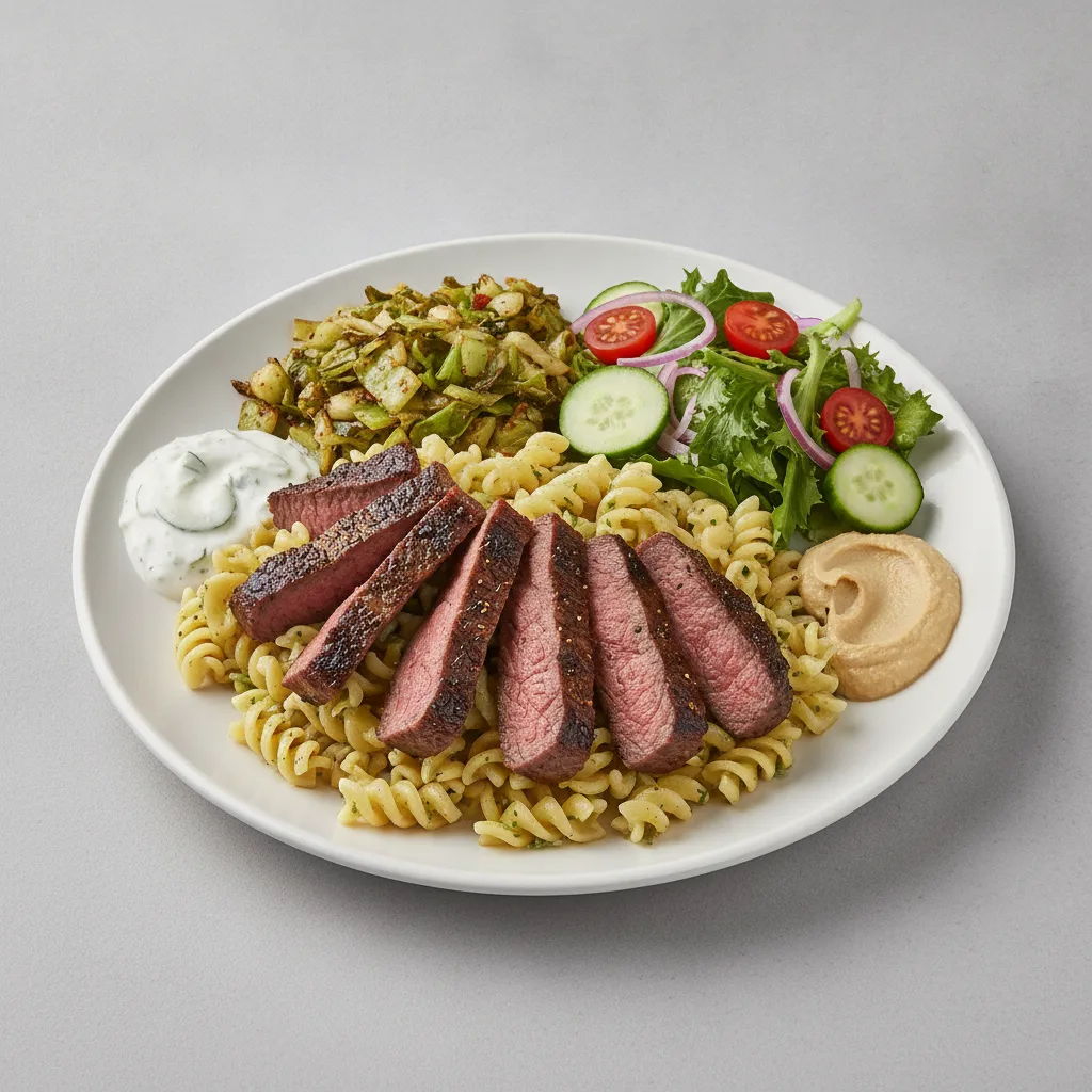 Basil Butter Pasta, Pepper Steak with Seasoned Cabbage and Garden Salad