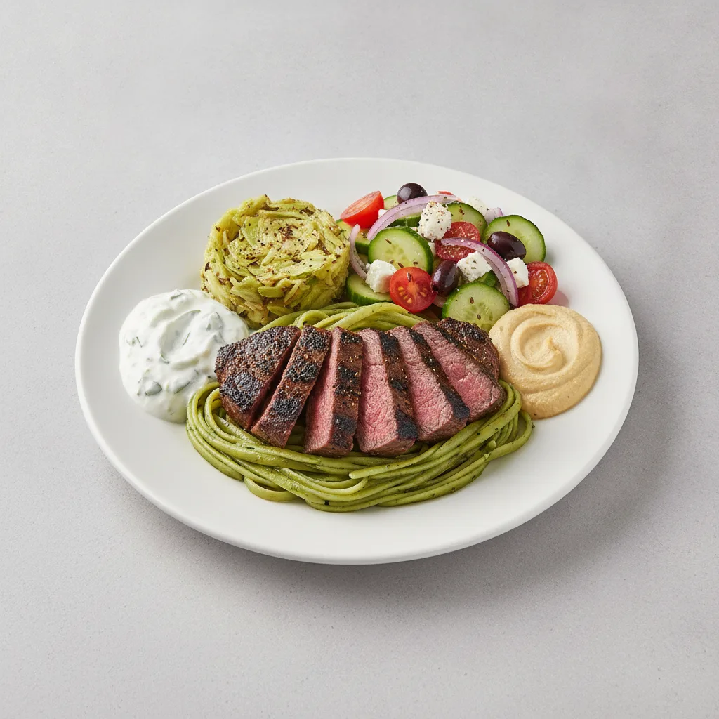 Basil Butter Pasta, Pepper Steak with Seasoned Cabbage and Greek Salad