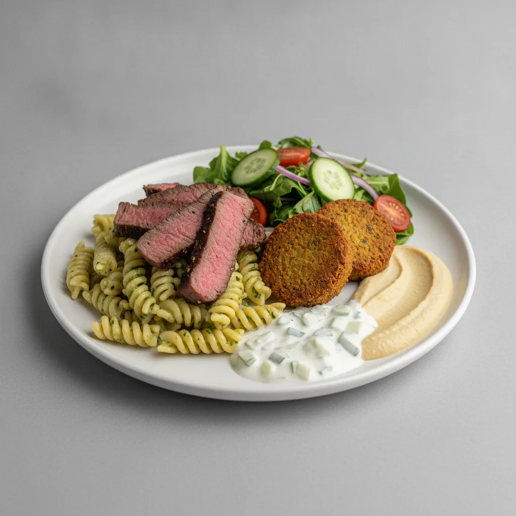 Basil Butter Pasta, Pepper Steak with Falafel and Garden Salad