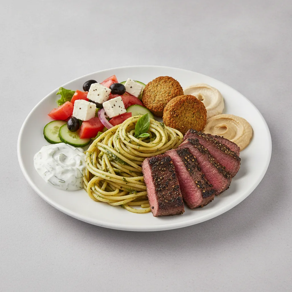 Basil Butter Pasta, Pepper Steak with Falafel and Greek Salad