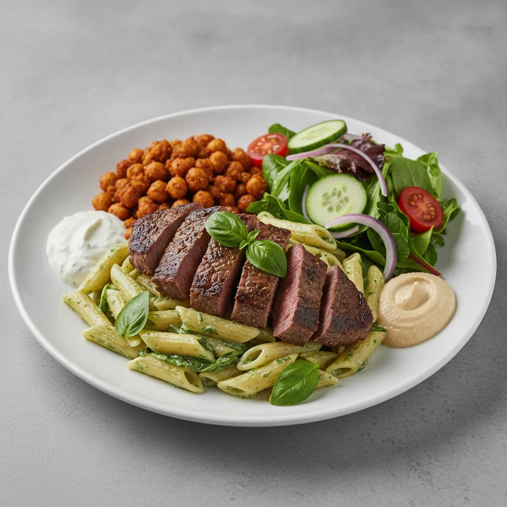 Basil Butter Pasta, Pepper Steak with Masala Chickpeas and Garden Salad