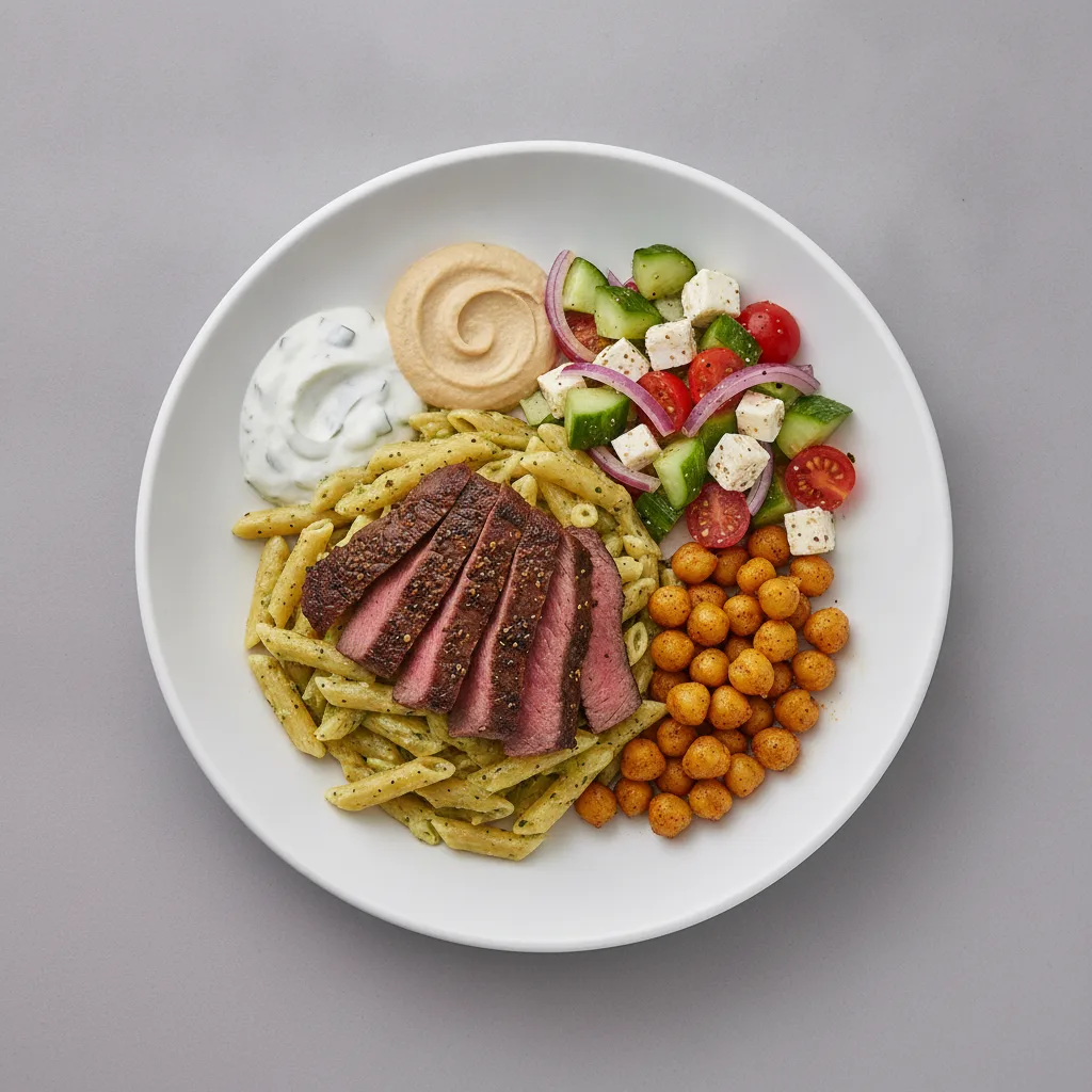 Basil Butter Pasta, Pepper Steak with Masala Chickpeas and Greek Salad