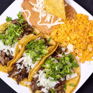 2 Carne Asada Tacos with Rice and Beans