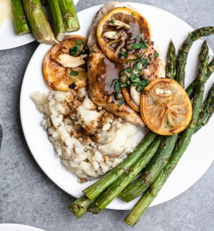 Chicken Picatta with Mashed Potatoes and Asparagus