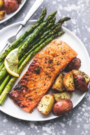 Salmon Puttanesca with Roasted Potatoes and Asparagus