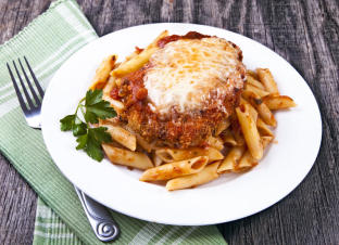Chicken Parmesan over Penne Pasta with Green Beans