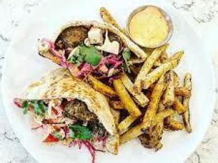 Vegan Falafel Pita Sandwich & Sidewinder Fries Vegan Falafel Pita Sandwich & Sidewinder Fries