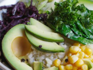 Avocado bowl over rice with Cucumber, Cabbage, Blanched Kale, Sweet Corn, Pickled Ginger, and Green Onion Avocado bowl over rice with Cucumber, Cabbage, Blanched Kale, Sweet Corn, Pickled Ginger, and Green Onion