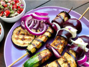 Vegan Vegetable Kalamaki Skewers with Revistholata Salad and Hummus