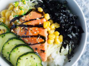 Regular Salmon, Rice, Cucumber, Cabbage, Corn, Edamame, Seaweed Salad, & Nori Regular Salmon, Rice, Cucumber, Cabbage, Corn, Edamame, Seaweed Salad, & Nori