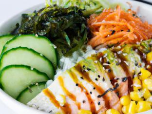 Salmon, Rice, Cucumber, Cabbage, Sweet Corn, Edamame, Seaweed Salad, & Nori
