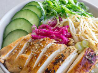 AF Grilled Chicken, Rice, Cucumber, Sweet Onion, Cabbage, Cilantro, Pickled Ginger