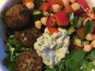 Organic Greens Falafel Bowl with Chickpea Salad & Eggplant Spread (Allergen Free)