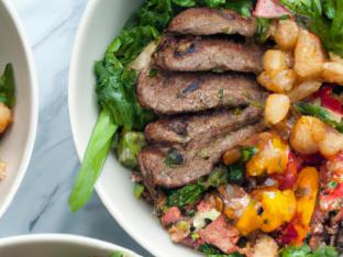 Organic Greens Steak Bowl with Chickpea Salad & Eggplant Spread (Allergen Free)