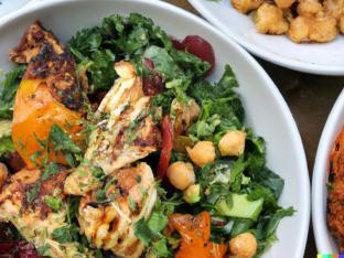 Organic Greens Chicken Bowl with Chickpea Salad & Eggplant Spread (Allergen Free)