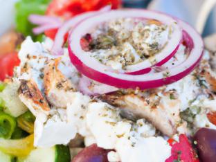 Organic Greens Chicken Bowl with Greek Salad & Tzatziki