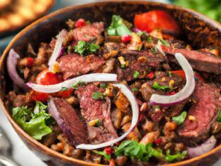 Organic Greens Steak Bowl with Lentil Salad & Garlic Spread
