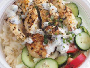 Brown Rice Chicken Bowl with Greek Salad & Tzatziki