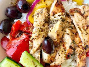 White Rice Chicken Bowl with Greek Salad & Tzatziki
