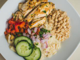 White Rice Chicken Bowl with Eons Salad & Hummus Spread