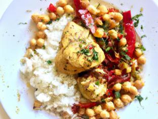 White Rice Chicken Bowl with Chickpea Salad & Eggplant Spread (Allergen Free)