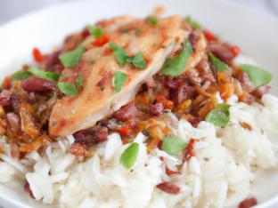White Rice Chicken Bowl with Lentil Salad & Garlic Spread