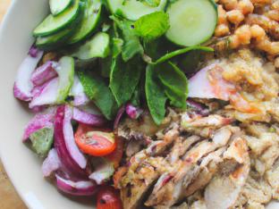 Brown Rice Chicken Bowl with Eons Salad & Hummus Spread