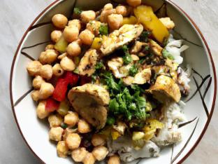 Brown Rice Chicken Bowl with Chickpea Salad & Eggplant Spread (Allergen Free)