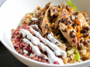 Brown Rice Chicken Bowl with Lentil Salad & Garlic Spread
