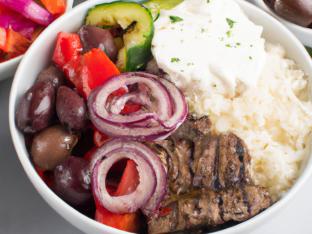 White Rice Steak Bowl with Greek Salad & Tzatziki