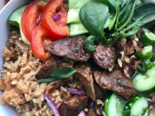Brown Rice Steak Bowl with Eons Salad & Hummus Spread