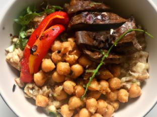 Brown Rice Steak Bowl with Chickpea Salad & Eggplant Spread (Allergen Free)