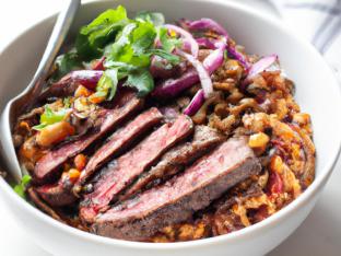 Brown Rice Steak Bowl with Lentil Salad & Garlic Spread