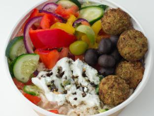White Rice Falafel Bowl with Greek Salad & Tzatziki