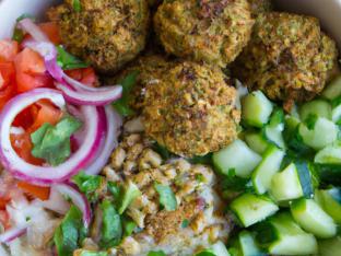White Rice Falafel Bowl with Eons Salad & Hummus Spread