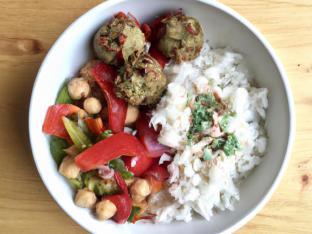 White Rice Falafel Bowl with Chickpea Salad & Eggplant Spread (Allergen Free)