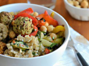 Brown Rice Falafel Bowl with Chickpea Salad & Eggplant Spread (Allergen Free)