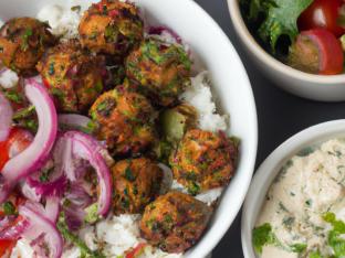 White Rice Falafel Bowl with Lentil Salad & Garlic Spread