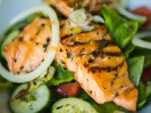 Grilled Salmon (Olive Oil Only) Salad, Tomatoes, Cucumber, Onion (no dressing) Grilled Salmon (Olive Oil Only) Salad, Tomatoes, Cucumber, Onion (no dressing)